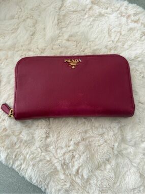 Prada Saffiano Leather Zip Around Wallet Pink Raspberry Gold Logo